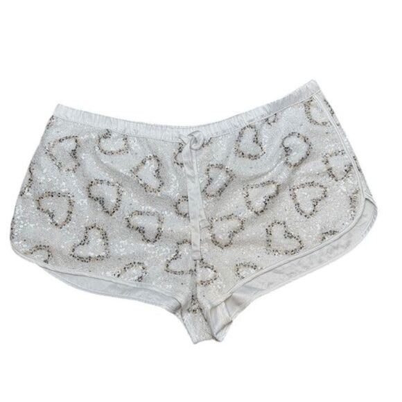Victoria's Secret Sequin Hearts Shorts White Satin Drawstring Waist Size XL - Picture 2 of 9